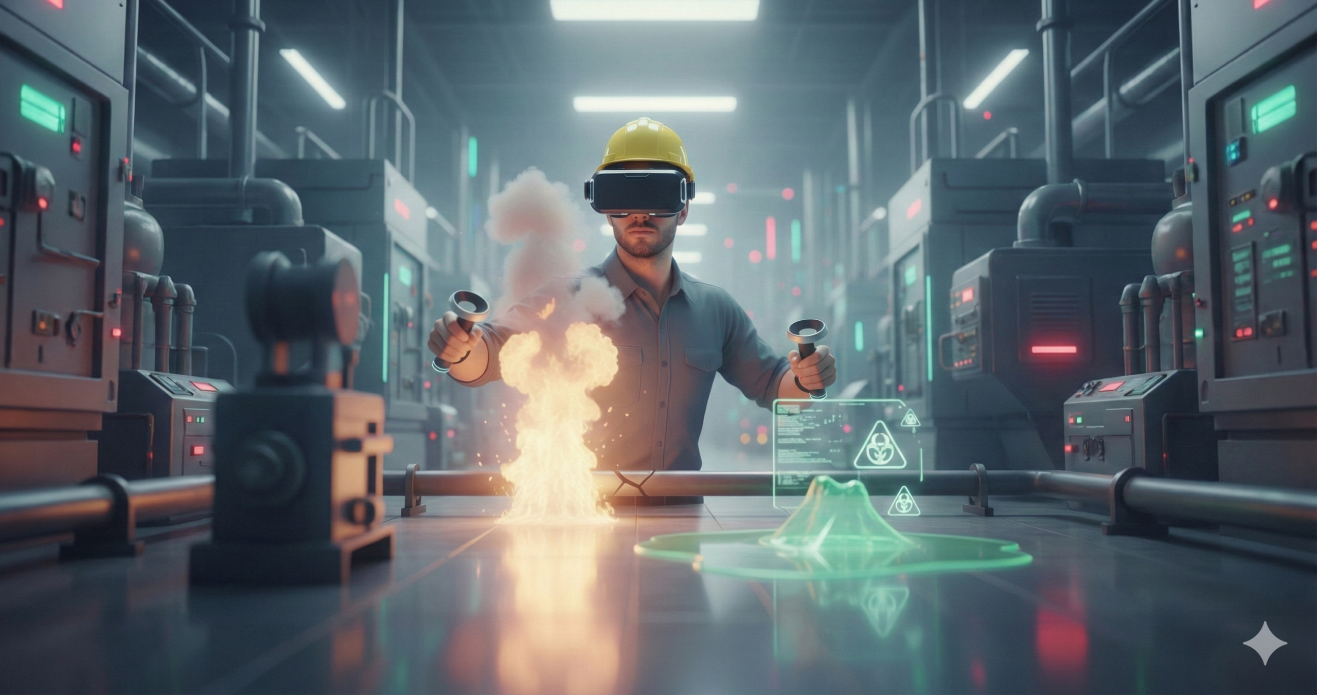 Obrazek pokazuje wyobrażenie szkolenia BHP realizowanego za pomocą VR